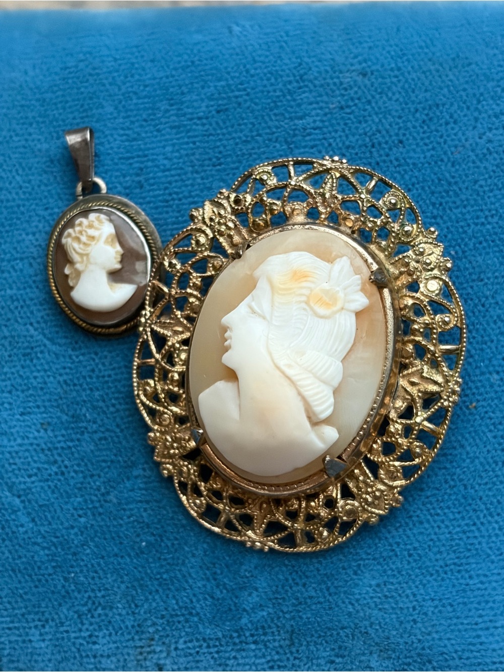 Antique Pair Cameo Sterling Silver Pendant and High Relief Cameo Brooch